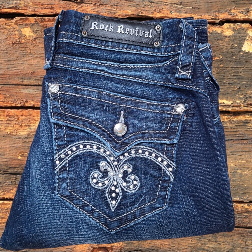 Rock Revival Dark Blue Boot Cut Jeans with Embroidered Pocket